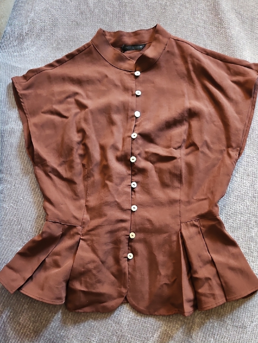 NWT Zara Brown Mandarin-Collar Peplum Button Blouse